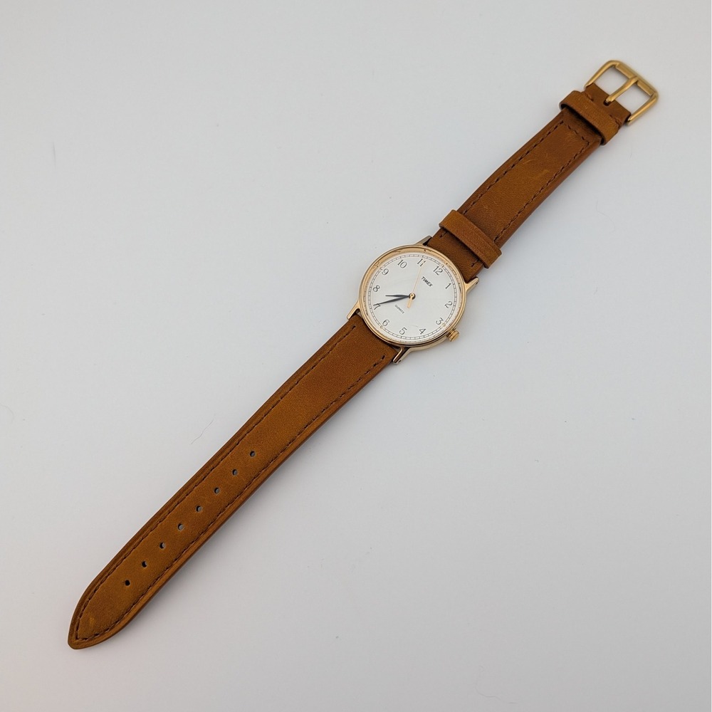 Timex Classic Minimalist White Dial Gold Tone Quartz Tan Leather Strap Watch - Picture 9 of 10